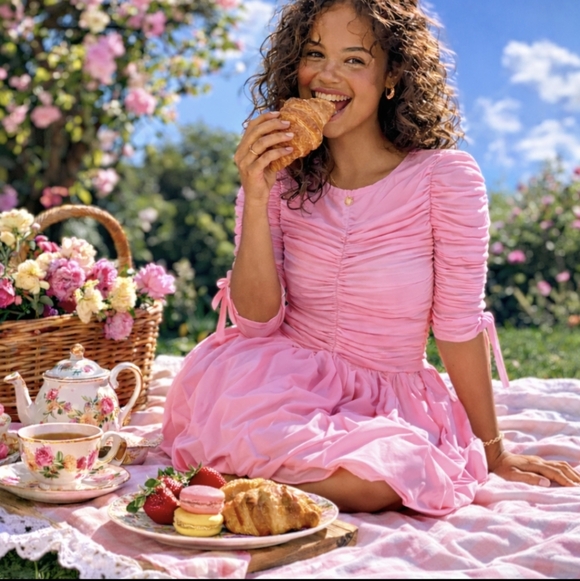 RENAISSANCE Sakura tulle & cotton Ruched Dress with Puff Skirt,Pink Adorable NWT - Picture 3 of 15